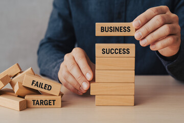 Poster - A strategic approach to achieving business success is illustrated through wooden blocks representing decision-making targets and goals in a professional setting