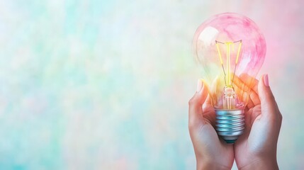 Poster - A Person's Hand Grasping a Bright Light Bulb Illuminating the Surroundings Symbolizing Creativity Innovation and Inspiration in a Modern Context