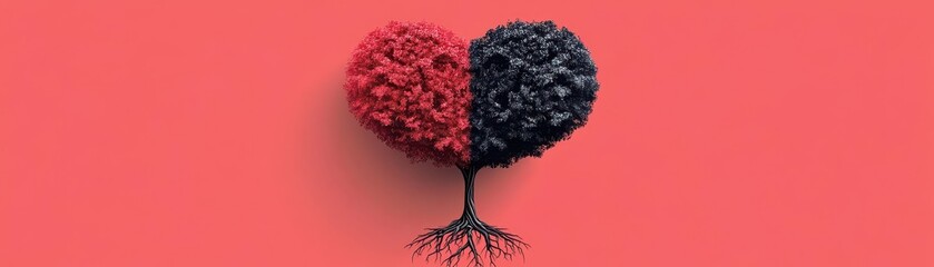 Poster - Vibrant Red Background Highlighting Intricate Tree Roots and Trunk in a Captivating Artistic Composition Evoking Nature's Strength and Resilience