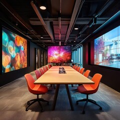 Poster - Modern Conference Room Featuring Large Projection Screen and Stylish Orange Chairs Creating a Professional and Inviting Atmosphere for Meetings