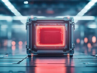 Poster - Vibrant Red Illumination Shining Through a Sleek Metallic Housing Creating an Atmosphere of Intrigue and Modernity in a Contemporary Setting