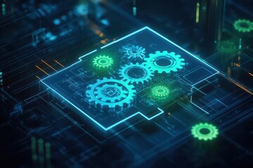 Fototapete - Futuristic Blue and Green Glowing Circuit Design with Intricate Gears Intertwined Creating a Tech Inspired Aesthetic of Innovation and Complexity