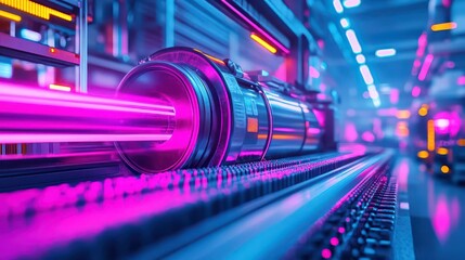 Poster - A Large Industrial Machine Emitting a Soft Pink Glow Amidst a Dimly Lit Workshop Setting Evoking a Mysterious and Intriguing Atmosphere