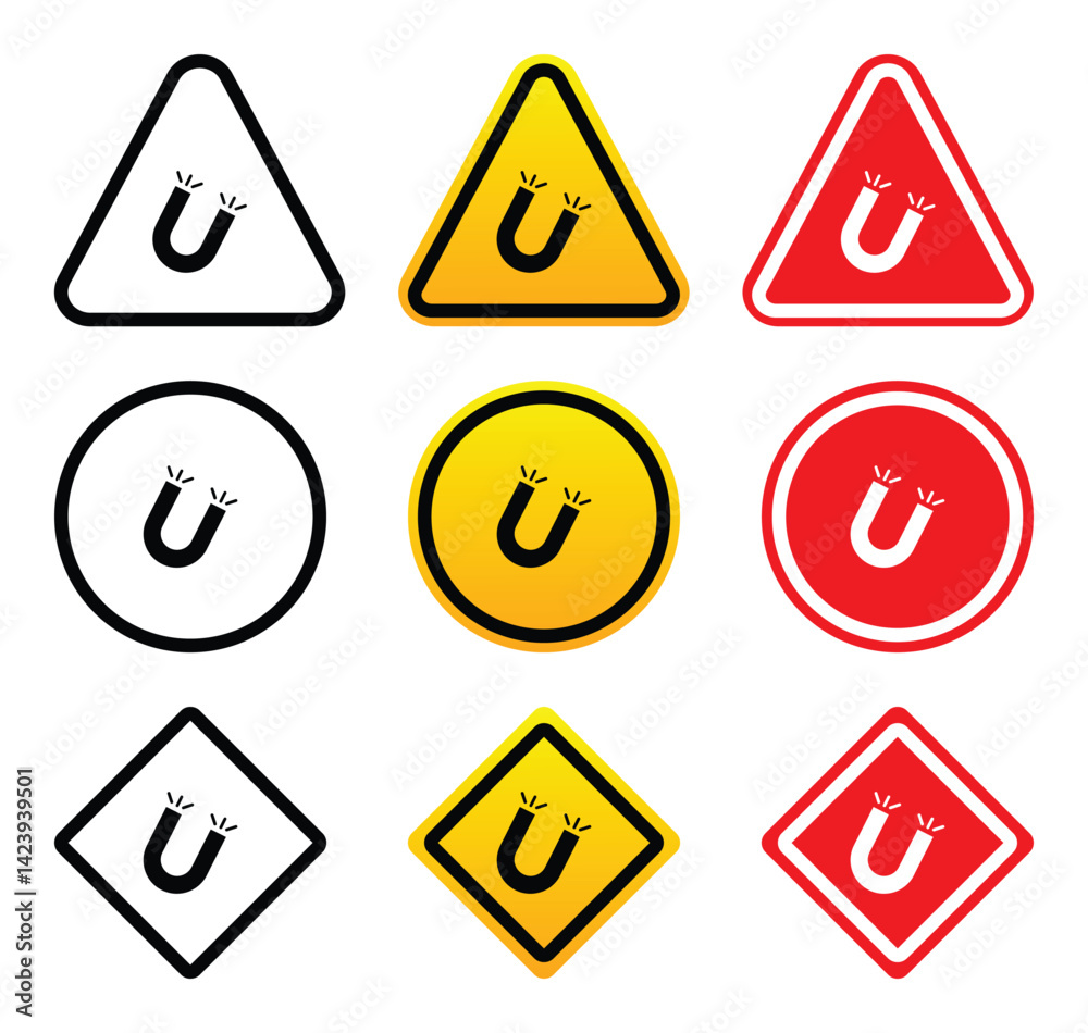Magnetic Warning Signs in Various Shapes and Colors Stock Vector ...
