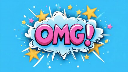 Poster - Colorful comic style expression of surprise with vibrant stars and bursts on a bright blue background