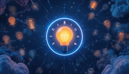 Poster - Creative illuminations light bulbs surrounded by clouds in a digital environment conceptual art abstract viewpoint