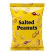 © Natalia - A yellow pouch of salted peanuts with cartoon peanut illustrations and visible nuts is shown on a transparent background