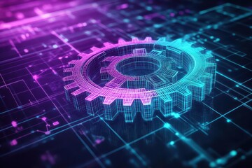 Poster - Intricate Blue and Pink Abstract Background Featuring a Mechanical Gear Wheel Symbolizing Innovation and Creativity in a Contemporary Artistic Style