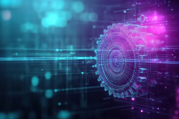 Poster - Vibrant Blue and Pink Background Featuring a Prominent Gear Wheel Symbolizing Innovation and Technology in a Creative and Modern Artistic Setting