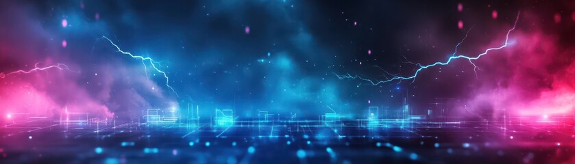 Poster - Vibrant Dark Blue and Pink Background with Striking Lightning Bolts Illuminating the Sky Creating a Dramatic and Intense Atmospheric Scene