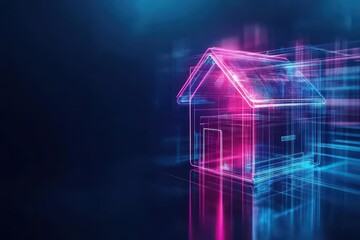 Poster - Vibrant House Illuminated by Colorful Neon Lines on the Roof Creating a Modern and Artistic Atmosphere Against a Night Sky with Bright Stars