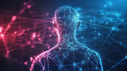 Poster - Intricate Visualization of a Human Head with a Complex Network of Lines and Dots Symbolizing Connectivity and Thought in a Digital Era