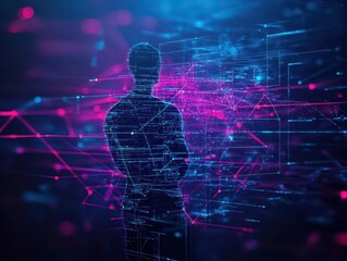 Fototapete - A Thoughtful Man Contemplating Data on a Bright Digital Screen Surrounded by Modern Technology and Innovative Displays in a Contemporary Setting