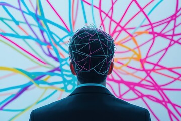 Poster - A man thoughtfully contemplating life with a brain symbolically representing intellect and creativity amidst a vibrant and inspiring contemporary setting