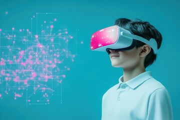 Poster - Young Boy Engaged in Immersive Virtual Reality Experience Wearing Headset in a Bright Room Filled with Excitement and Technological Innovation