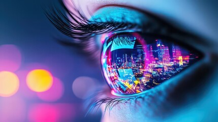 Poster - Captivating Closeup of a Woman's Eye Framed by Urban Skyline Highlighting the Contrast Between Human Emotion and City Life in a Dynamic Environment
