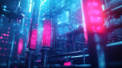 Poster - Futuristic Cityscape at Night with Vibrant Red Lights Illuminating a Towering Structure Showcasing Modern Architecture and Enigmatic Urban Atmosphere