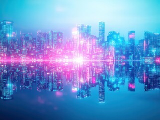 Poster - Vibrant City Skyline Illuminated by Colorful Neon Lights at Night with Reflections on Water Creating a Lively Urban Atmosphere and Energy