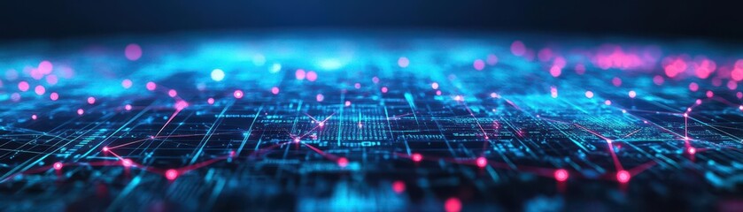 Fototapete - Intricate Circuit Board Illuminated by Vibrant Blue and Pink Lights Showcasing Modern Technology and Innovation in a Futuristic Digital Environment