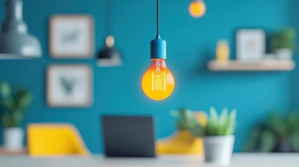 Poster - Illuminating Light Bulb Suspended from Modern Ceiling Creating a Warm Ambiance in Contemporary Space Enhancing the Overall Aesthetic and Atmosphere
