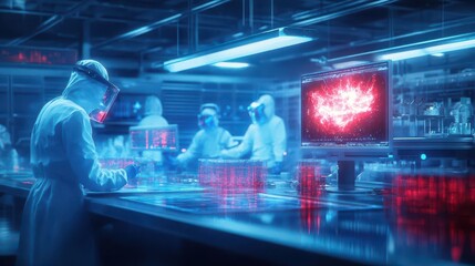 Poster - Focused Scientist Analyzing Data on Computer Screen in Modern Laboratory Surrounded by Scientific Equipment and Tools in a Bright and Innovative Setting
