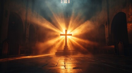 Poster - Golden rays pierce through stained glass, casting divine light upon a prominent cross in a historic cathedral. The atmosphere is serene and reverent, inviting reflection and spirituality.
