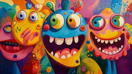 Poster - Cheerful and vibrant cartoon monsters are happily frolicking together