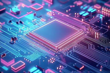 Fototapete - Intricate Computer Chip Mounted on a Circuit Board Surrounded by Colorful Wires and Connectors Highlighting Advanced Technology and Innovation Concepts