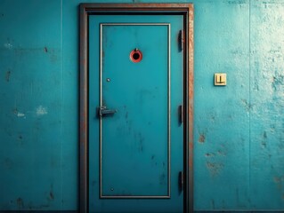 Poster - Vibrant Blue Door with Striking Red Knob Set Against a Rustic Wall Evoking a Sense of Whimsy and Charm in a Quaint Architectural Setting
