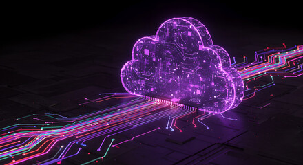 Poster - Cybersecurity cloud computing concept background with glowing circuit board pattern and vibrant data transfer lines, technology network connections.