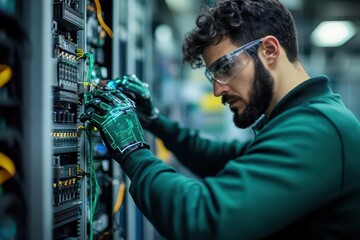 Poster - Focused Technician in Green Shirt and Safety Glasses Working on Server Equipment in Modern Office Environment Highlighting Technical Expertise and Precision
