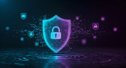 Poster - Neon shield with padlock icon representing cybersecurity. Digital circuit board pattern background abstract data network security. Future technology concept.