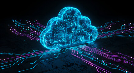 Poster - Blue glowing cloud icon on abstract circuit board. Cloud computing technology concept with digital data transfer. Futuristic abstract dark background illustration.