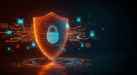 Poster - Digital cybersecurity shield and lock icon with data circuit on dark background. Technology data protection and digital encryption concept.