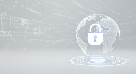 Poster - White padlock icon on globe hologram digital circuit backdrop. Data security and privacy concept. Cybersecurity and technology illustration.