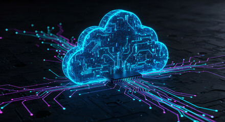 Poster - Cloud computing network data connection. Cyber security and global communication technology concept. Digital information processing. Abstract microchip and electric circuit.