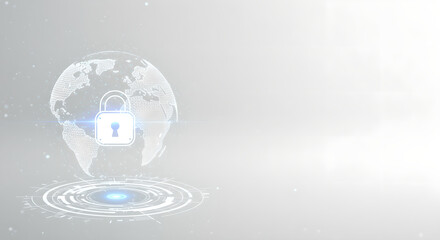 Poster - Locked earth hologram globe on podium base display. Global data security network circuit diagram concept for internet protection or online network privacy.