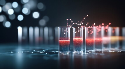 Poster - Test tubes with red liquid and abstract molecule structure connecting them. Scientific experimentation and research concept. Innovation in laboratory.