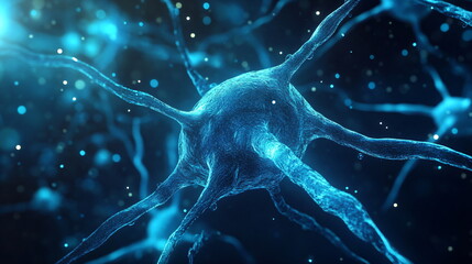 Poster - Blue neuron cell close up visual concept illustrating brain function nerve activity connections synapses communication biology scientific research in laboratory.