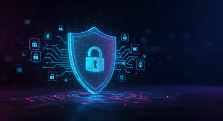 Aufkleber - Holographic shield with digital lock and connecting icons on dark blue background. Cybersecurity and data protection concept. Future technology defense system design.