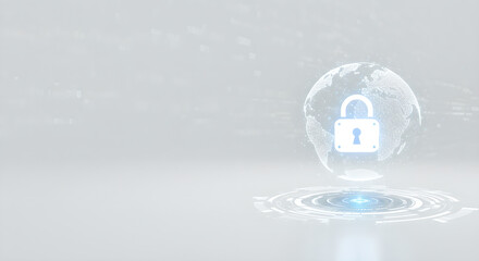 Poster - Hologram earth globe with lock icon security concept technology abstract background. Data protection and digital network safety banner with copy space.