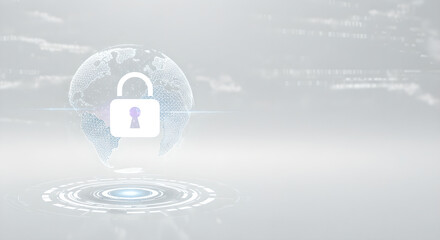 Poster - Hologram earth globe with lock icon security concept technology abstract background. Data protection and digital network safety banner with copy space.