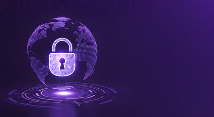 Poster - Glowing lock icon and digital earth globe on dark purple background. Global cybersecurity technology concept. Digital data protection abstract design wallpaper