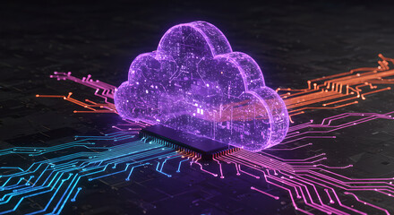 Poster - Cloud computing technology over circuit board. Hologram cloud on microchip processor. Data center storage, network and cybersecurity concept.