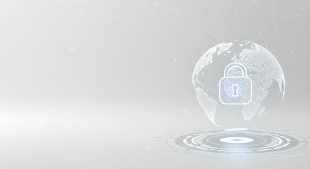 Poster - Abstract futuristic cybersecurity concept showing a wired globe with a lock hologram on a white background. Technology and internet data protection.