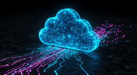 Aufkleber - Blue cloud icon with glowing circuit board pattern and data streams on dark background. Futuristic technology concept. Cloud computing and digital network protection.