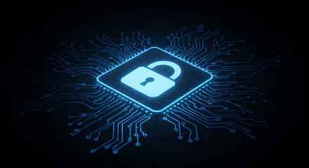 Poster - Open cybersecurity lock symbol on digital circuit board. Data protection and technology security concept. Abstract visual for digital safety and access.