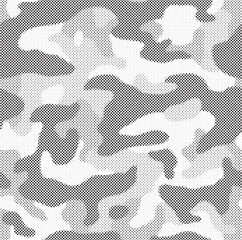 Poster - Abstract halftone seamless camouflage pattern. Repeating digital dotted hexagonal camo military texture background. Abstract modern fabric textile ornament. Vector illustration.