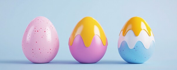 Poster - Three colorful easter eggs with a modern design standing on a light blue background