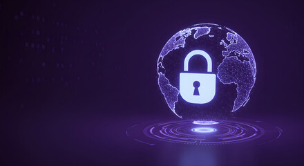 Poster - Global network protection with padlock over wireframe planet earth on dark background. Cybersecurity and technology concept design for dark background.